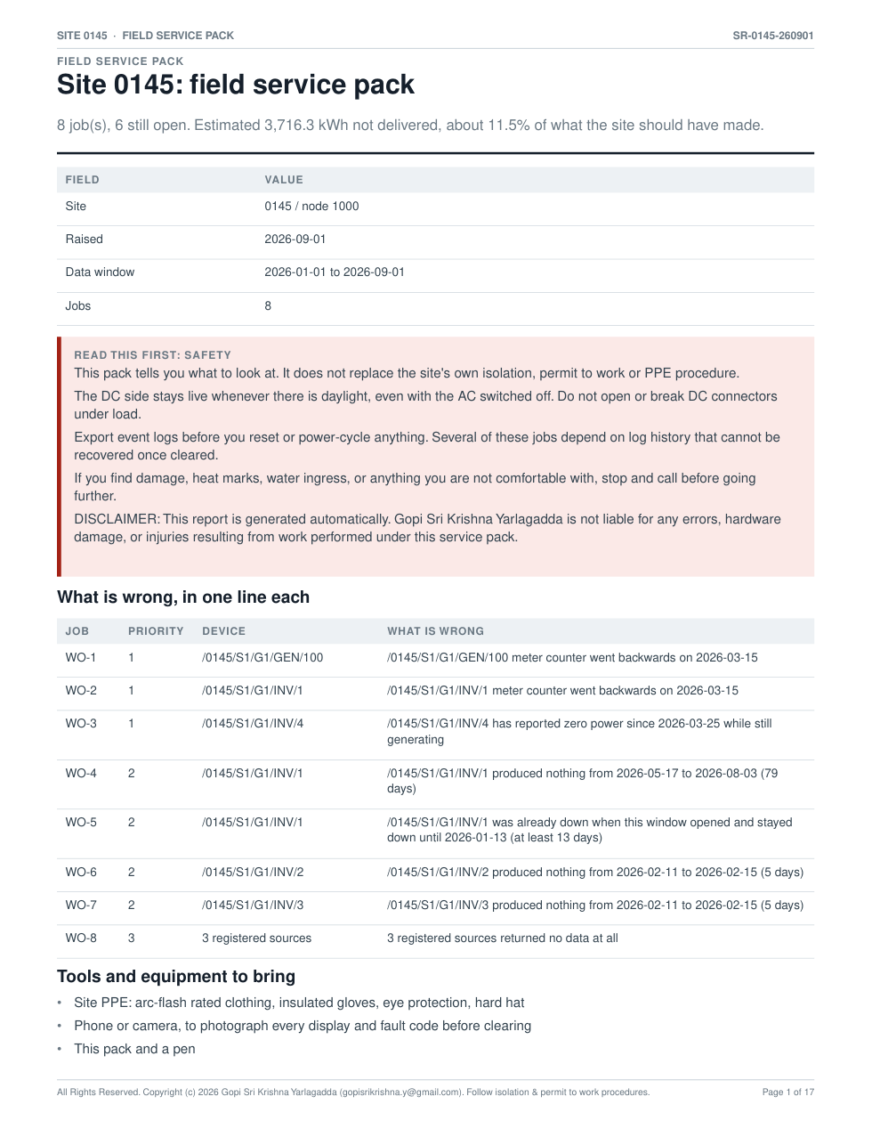 Page 1 of the generated field service pack for site 0145: summary, safety notice and a table of eight jobs