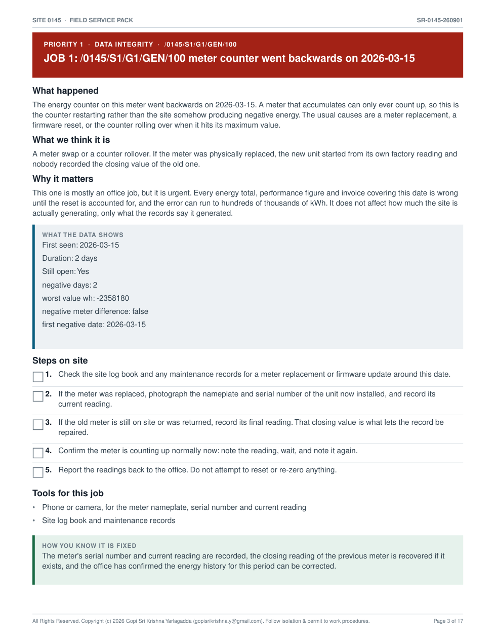 A single job page of the field service pack with what happened, why it matters, steps with tick boxes and sign-off criteria